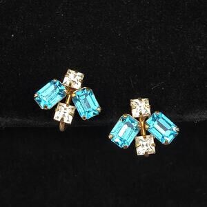 De Curtis Gold Filled Blue Rhinestone Screw Back Earrings Vintage Jewelry